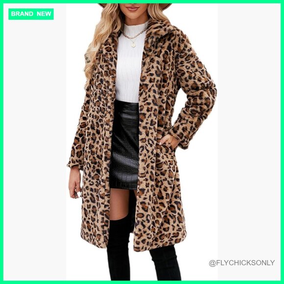 Leopard Print Faux Fur Long Coat Lapel Collar Open Front Jacket